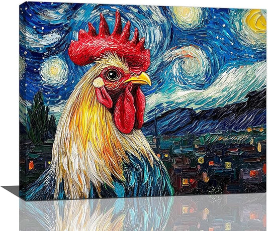 Olivine Rooster Wall Art, Vintage Chicken Pictures Wall Decor, Starry Night Painting Farmhouse Rooster Canvas Prints, Framed Artwork for Bathroom Bedroom Living Room Office Home Decoration 20"x16"