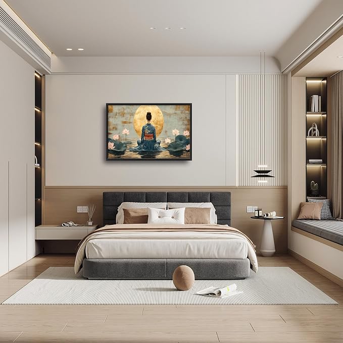 Japanese Woman Large Wall Art Lotus Moon Pictures Wall Decor Nature Canvas Landscape Print Painting Modern Artwork Home Decoration for Living Room Bathroom Bedroom Office Framed 24"x36"