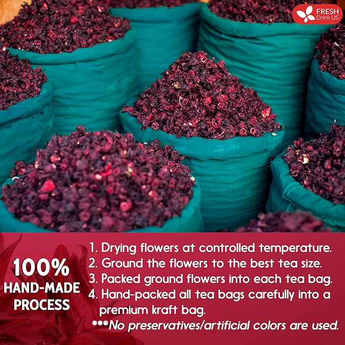FreshDrinkUS, Premium 235 Hibiscus Flowers Tea Bags, 100% Natural, Pure from Hibiscus Flowers. Loose Flower Hibiscus Herbal Tea. Hibiscus Flower Tea. No Sugar, No Caffeine, No Gluten, Vegan.
