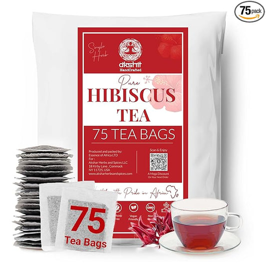 Hibiscus Tea - 75 Tea Bags, 100% Natural Hibiscus Flowers, Te de Hibisco, HerbalTea, Caffeine Free, Sugar-Free, Non-GMO, Sugar-free. Perfect for Hot or IcedTea. by Akshit