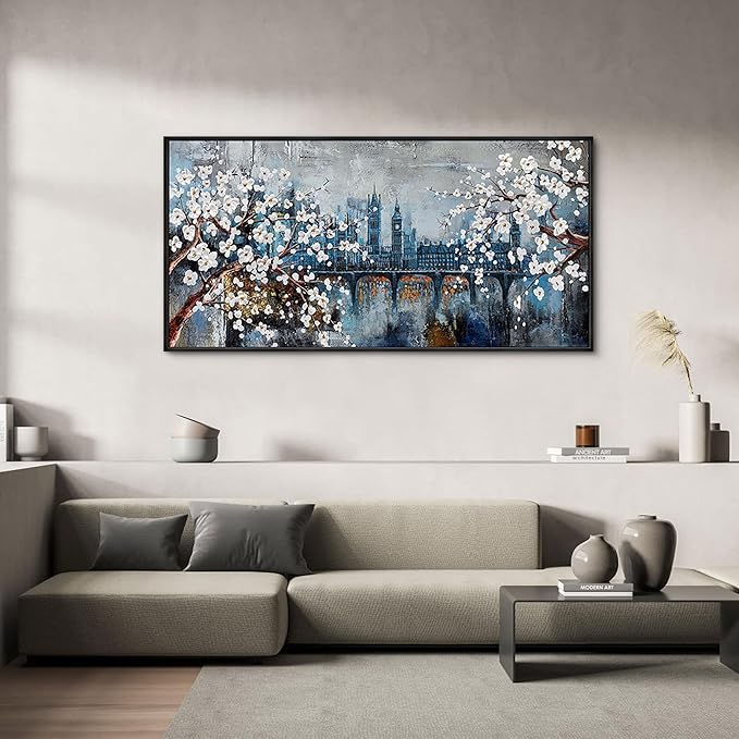 KLAKLA Large Wall Art for Living Room City Scenes - Black Frame Large Abstract Wall Decor Bedroom Office Landscape Plum Blossom Picture Artwork for wall Modern Home Decoration