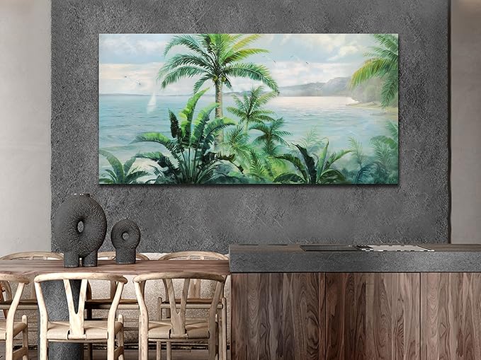 Anolyfi Palm Tree Picture Green Tropical Wall Art for Living Room Landscape Large Canvas Painting Nature Seascape Textured Artwork Framed Bedroom Kitchen Hallway Office Home Decor 40"x20"