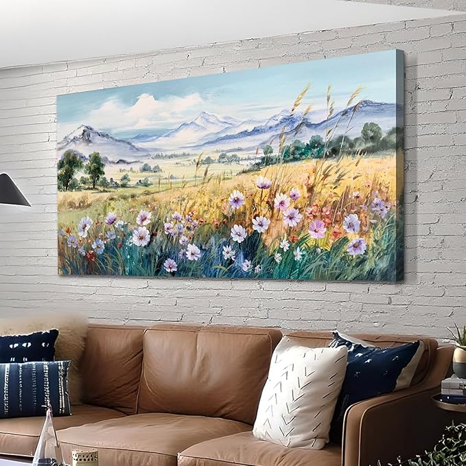 Anolyfi Rustic Farmhouse Canvas Wall Art Large Abstract Wildflower Landscape Painting Florals Mountain Picture, Textured Artwork Framed for Living Room Bedroom Bathroom Office Home Decor 40"x20"