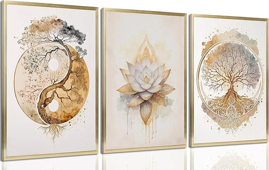 Tree of Life Canvas Wall Art Lotus Zen Painting Picture Wall Decor Abstract Yin Yang Fall Art Poster Print Artwork for Living Room Yoga Room Hotel Bedroom Home Decoration
