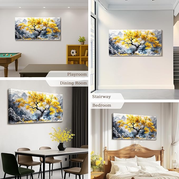 crmotu Tree of Life Large Wall Art, Chinoiserie Scenic Ink Paintings, Mountain Tree Landscape Artwork for Walls, Abstract Watercolor Modern Wall Decor Living Room Bedroom Office Art Prints 24x48inch