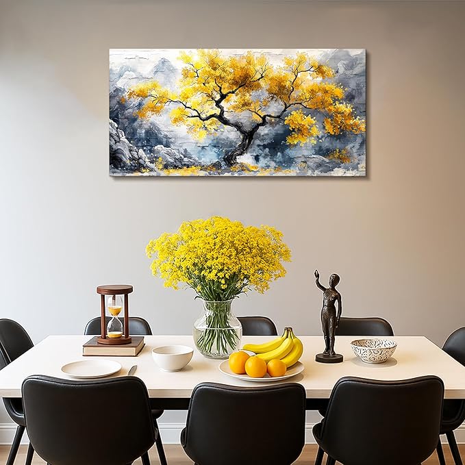 crmotu Tree of Life Large Wall Art, Chinoiserie Scenic Ink Paintings, Mountain Tree Landscape Artwork for Walls, Abstract Watercolor Modern Wall Decor Living Room Bedroom Office Art Prints 20x40inch