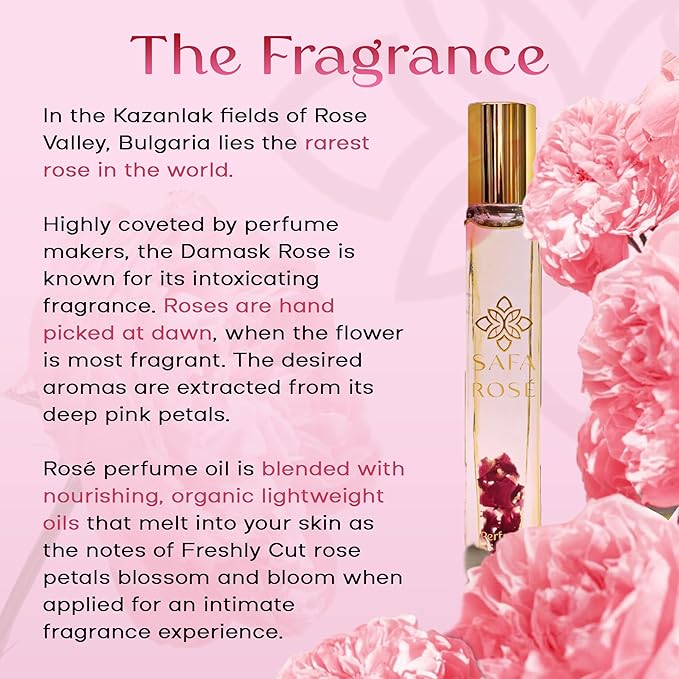 SAFA Rosé Organic Rose Oil Perfume Roller | Bulgarian Damask & Indian Rose Petals | 10 mL Long Lasting Perfume Oil for Women & Men | Non-Toxic, Alcohol-Free & Travel Friendly