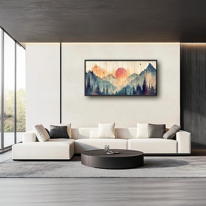 Framed Large Cabin Mountain Wall Art for Living Room, Oversized Rustic Forest Wall Decor, Rustic Nature Landscape Canvas Painting Sunset Pictures Home Decoration for Bedroom Office 60"x30"