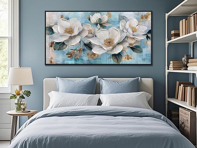 Ardemy Flower Wall Art for Living Room，White Gold Floral Canvas Framed Wall Art Painting Artwork Bedroom Picture Wall Decor Home Office 40"x20"