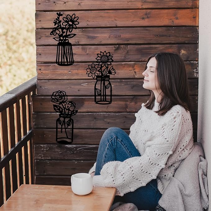 3 Pieces Sunflower Roses Daisy Black Metal Flowers Wall Decor Metal Vase Wall Art Metal Wall Sculptures Hanging for Indoor Kitchen Bathroom Bedroom Living Room,14.56x7.87 inches