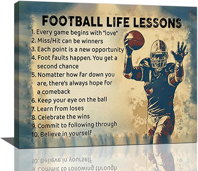 Farmhouse Football Wall Art For Boy Room Rustic Football Life Lessons Wall Decor Retro Football Sign Canvas Painting Artwork Home Decorations for Man Teenager Office Bedroom Living Room 24"x20"