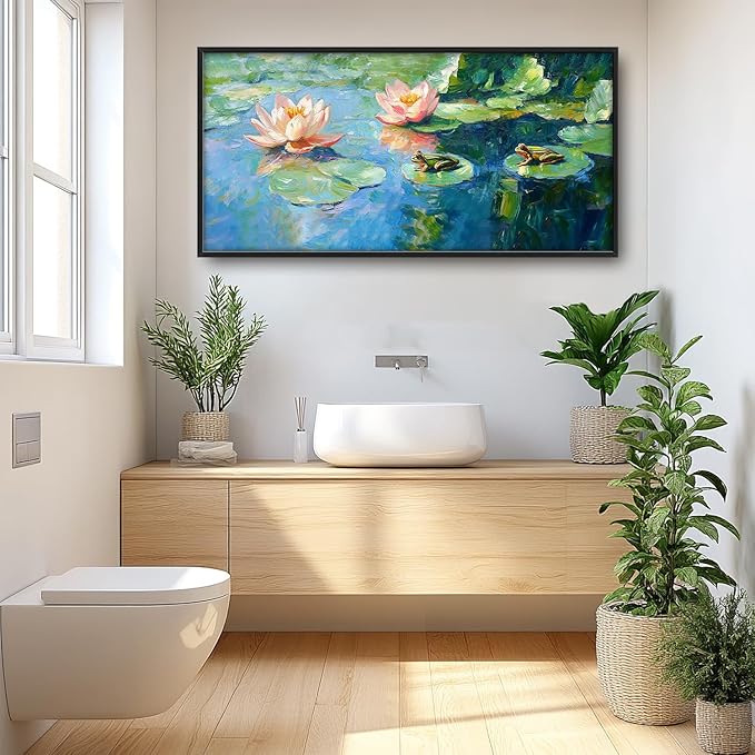 SweetFox Extra Large Frog Lilly Framed Wall Art for Living Room, Colorful Lotus Pictures Oversized Wall Decor Abstract Big Canvas Painting Print Home Artworks for Bathroom Master Bedroom 60L X 30W
