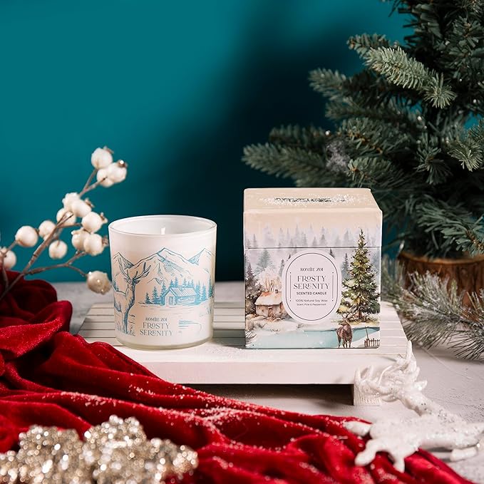 Christmas Scented Jar Candle - 6oz Soy Wax Candle - Frosty Serenity Infused with Frosted Mint & Fir Aroma - with Beautiful Keepsake Box Special for Christmas/Holiday Gifts
