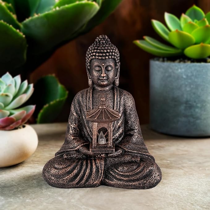 Buddha Garden Statue with Solar Light, Resin Zen Decor for Outdoor Patio or Indoor Meditation, Spiritual Gift for Women and Friends (Copper Pavilion)