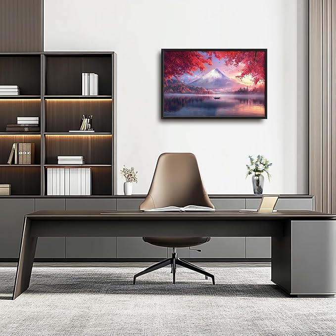 Japanese Mountain Lake Large Wall Art Pink Japan Pictures Wall Decor Nature Landscape Big Canvas Painting Prints Framed Artwork Home Decorations Above Bed for Bedroom Living Room Dining Room 36"x24"