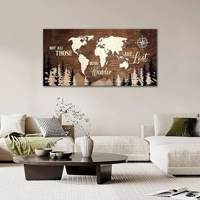 World Map Wall Art Vintage World Map Poster Canvas Prints Nautical Travel Decor Modern Framed Art Map of The World Wall Art for Living Room Dining Room Home Office 60"x30"