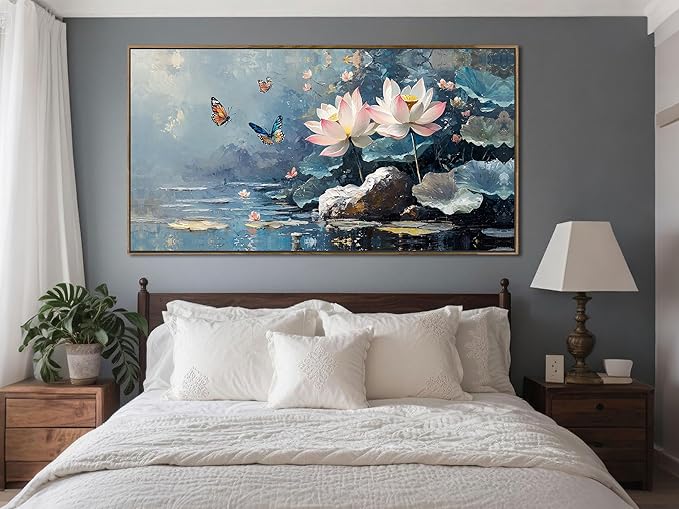Ardemy Framed Extra Large Canvas Wall Art Lotus Flower Painting for Living Room Blue Landscape Zen Butterfly Nature Artwork Bedroom Kitchen Dining Room Home Office Spa Wall Decor, 58"x29"