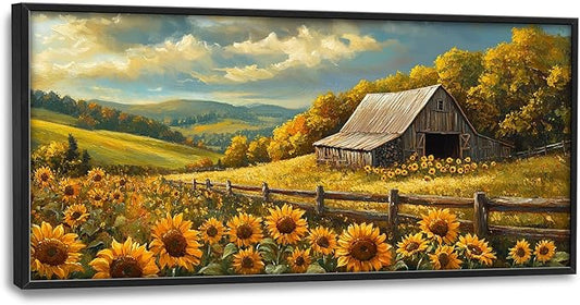 SweetFox Extra Large Barn Sunflower Framed Wall Art for Living Room, Farmhouse Barn Pictures Oversized Wall Decor Abstract Big Canvas Painting Print Artworks for Bathroom Master Bedroom 60L X 30W