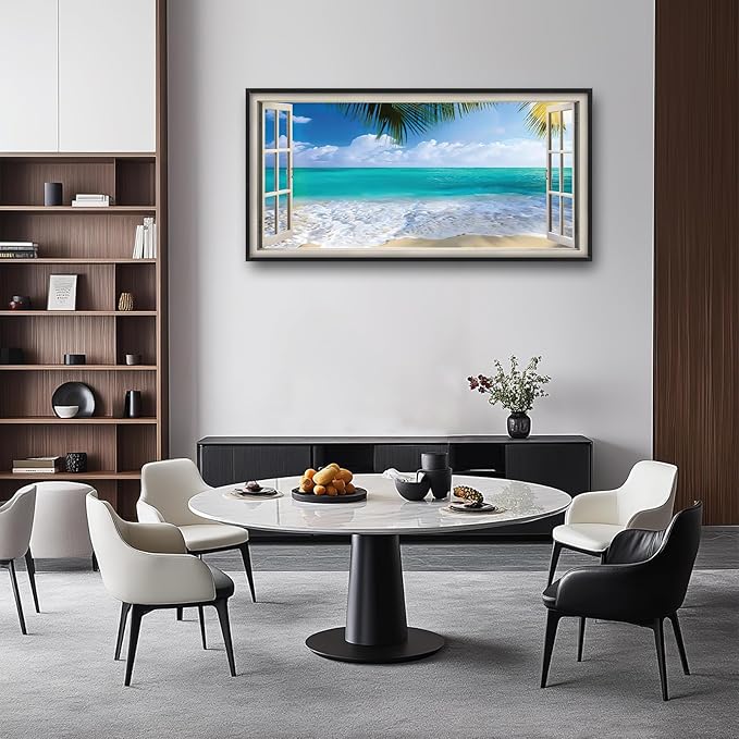Beach Wall Art Ocean Palm Pictures Wall Decor Window Coastal Large Canvas Prints Paintings Home Office Decorations Framed Artwork for Living Room 60"x30"