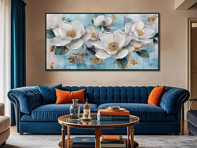 Ardemy Flower Large Wall Art for Living Room，White Gold Floral Canvas Framed Wall Art Painting Artwork Bedroom Picture Wall Decor Home Office 48"x24"