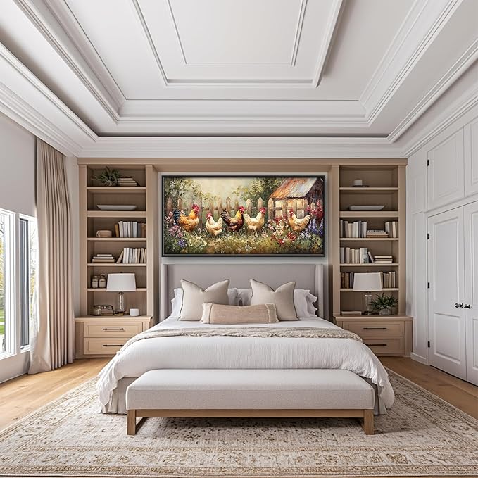 Farmhouse Roosters Wall Art Farm Chicken Pictures Wall Decor Country Rooster Large Master Over Above Bed Canvas Prints Horizontal Modern Artwork Painting Home Decorations For Kitchen Bedroom 30"x60"