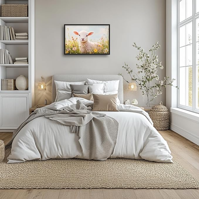 Kylora Lamb Wall Art Sheep Pictures Wall Decor Flower Field Prints Modern Artwork Christian Painting Home Office Decorations For Kitchen Bathroom Bedroom Dining Living Room 36"x24"
