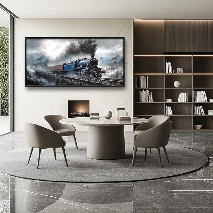 Kylora Train Wall Art Blue Gray Train Pictures Wall Decor Large Master Over Above Bed Canvas Bridge Prints Horizontal Modern Artwork Painting Home Office Decorations For Kitchen Bedroom 30"x60"