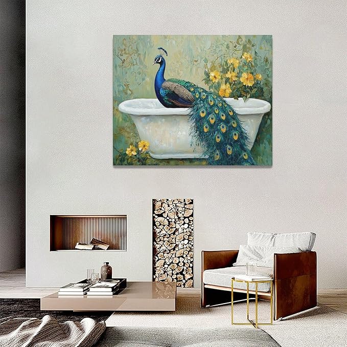 Fleruku Vintage Peacock Wall Art Elegance Bathroom Wall Decor Green Peacock Pictures Canvas Painting Artwork Home Decorations for Living Room Bedroom Office 20"x16"