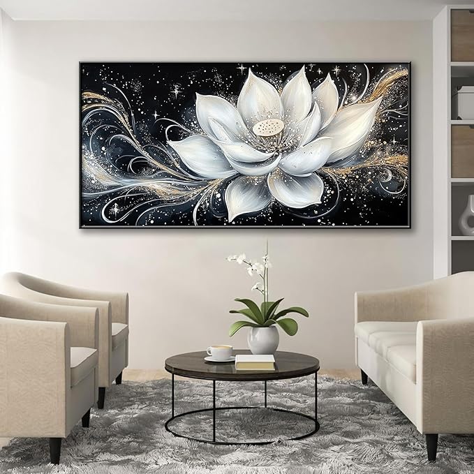 Glethua White Lotus Flower Canvas Wall Decor, Lotus Flower Picture Print, Modern Zen Wall Art, Modern Vintage Floral Painting Artwork for Yoga Spa Meditation Spiritual Living Room Bedroom Home Decor (Black Framed, 60 x 30 in | 160 x 80cm)