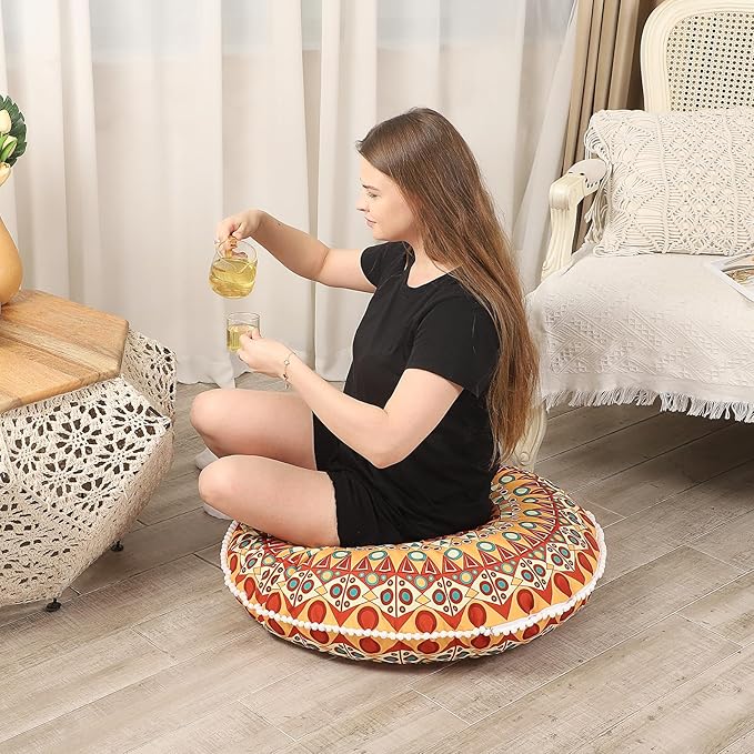 32 inches Meditation Floor Cushion for Adults, Round Large Thick Floor Pillow, Memory Foam Filling, Orange