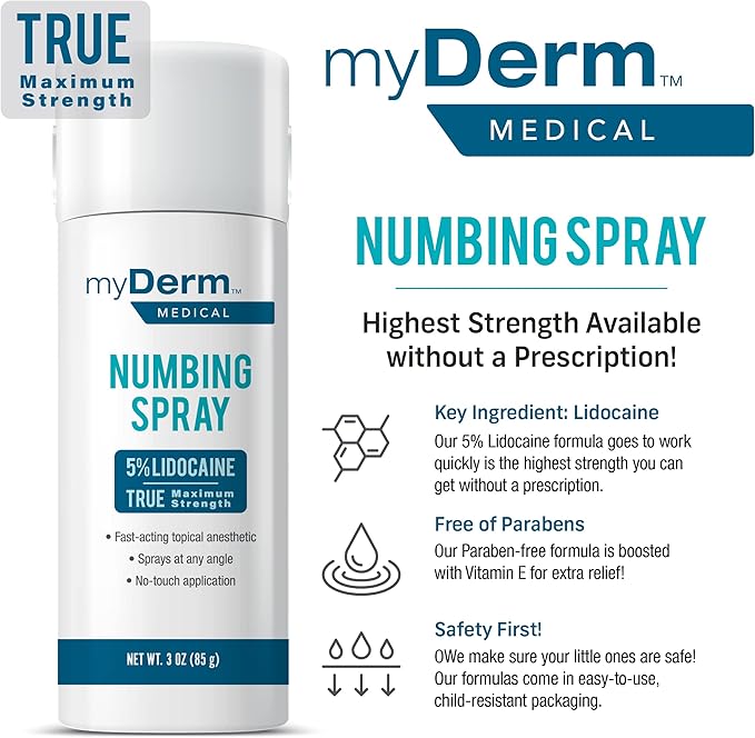 Myderm Medical Numbing Spray - 4.5oz - Maximum Strength 5% Lidocaine with Phenylephrine HCl and Witch Hazel - Fast-Acting Reliever with A Touch-Free Application - First Aid Supplies - Made in USA