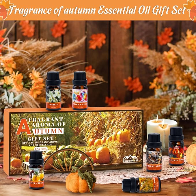 Fall Essential Oils Set for Home, Hotel and Car, Fragrance Oil Gifts Set for Oil Diffusers, with Pumpkin Spice, Harvest Spices and Vanilla, Autumn Essential Oil for Candle and Soap Making 6 Pack 10ML