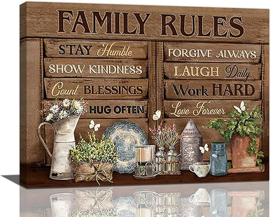 Country Family Rules Wall Art Farmhouse Inspiration Wall Decor Rustic Flower Home Sign Pictures Canvas Painting Artwork Home Decorations For Living Room Bedroom Bathroom Office 16"x12"