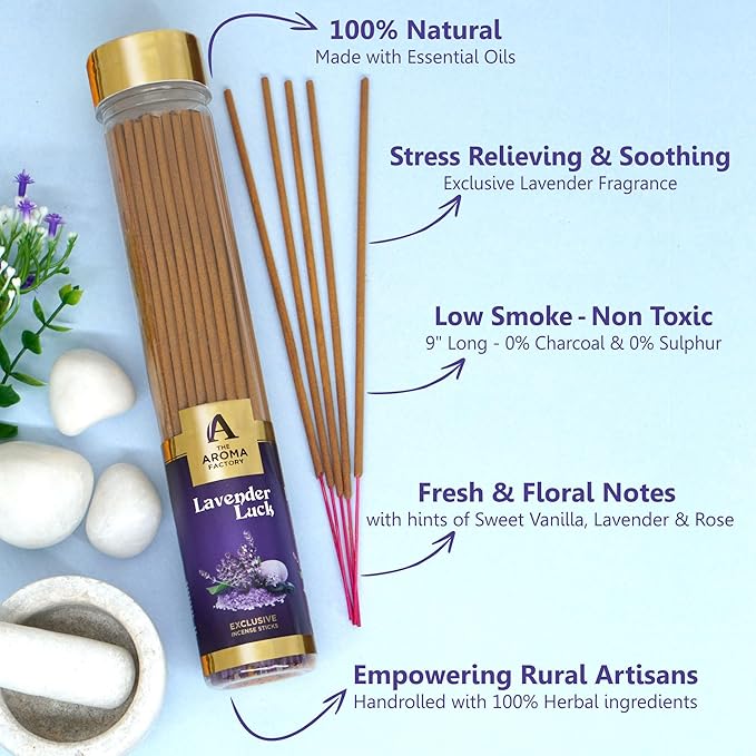 The Aroma Factory Lavender Agarbatti for Pooja, Luxury Incense Sticks, Low Smoke and Zero Charcoal, Meditation (Bottle Pack of 1, 100G) 4 Cm X 4 Cm X 26 Cm Multicolour