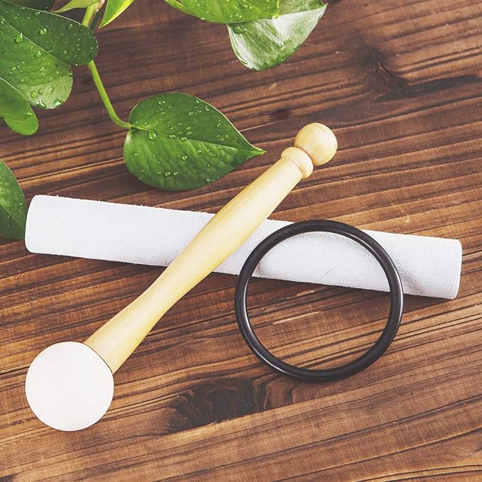 Leize Crystal Singing Bowl Lotus Design Colored Rim Chakra Tuned Quartz 8” wide Blue 432hz G Note with Suede Striker