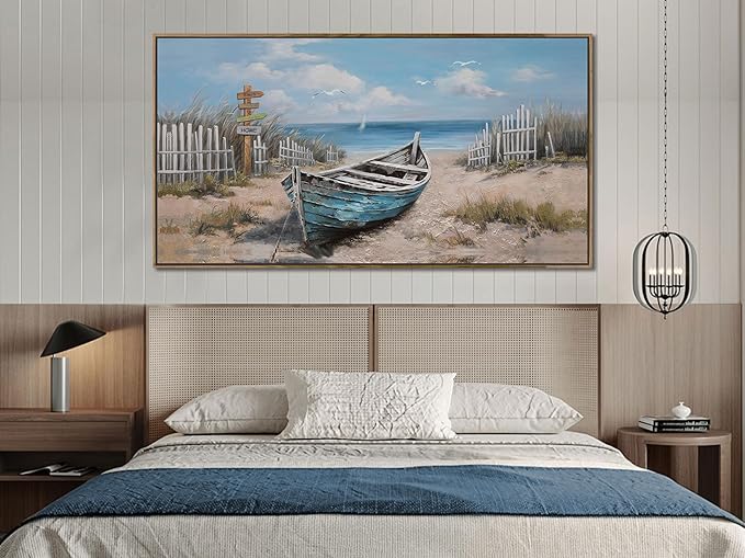 Ardemy Framed Blue Wall Art for Bedroom Canvas Picture Wall Decor Living Room, Textured Painting Beach Seascape Picture Artwork Kitchen Dining Room Home Office, Large 48"x24"