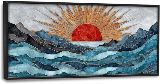 Glocmna Large Wall Art for Living Room Japanese Stained Glass Mountain Sunrise Wall Decor Modern Oriental Landscape Canvas Big Pictures Painting Print Framed Artwork Decorations Gifts for Bedroom Home Office Hotel 30"x60"