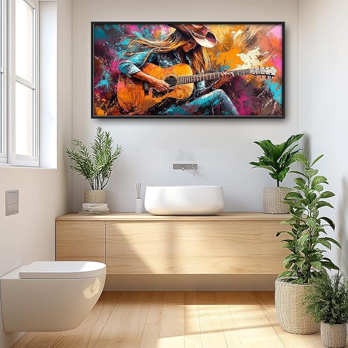 SweetFox Extra Large Cowgirl and Guitar Framed Wall Art for Living Room, Western Girl Music Pictures Oversized Wall Decor Abstract Big Canvas Painting Print Artworks for Bathroom Bedroom 60L X 30W