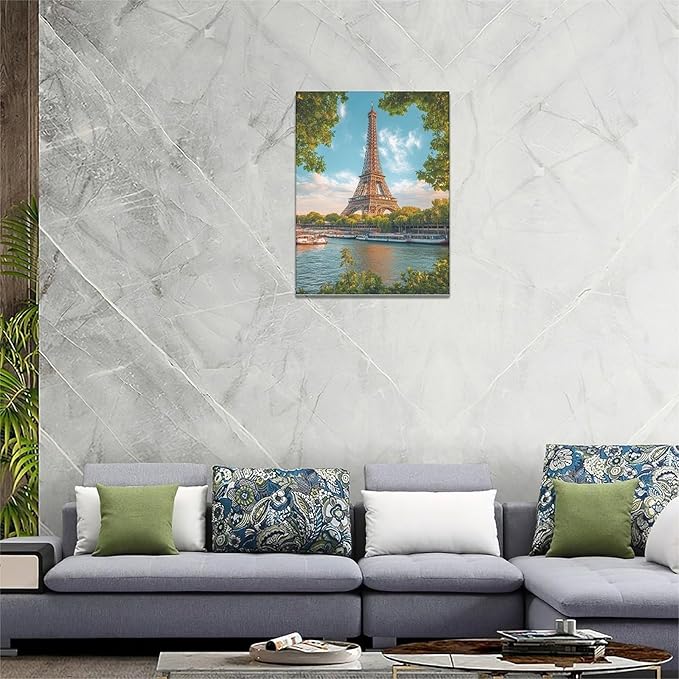 Eiffel Tower Wall Art Paris Eiffel Tower Wall Decor Cityscape Pictures Canvas Painting Framed Artwork Home Decorations for Bathroom Living Room Bedroom Office Kitchen 12"x16"