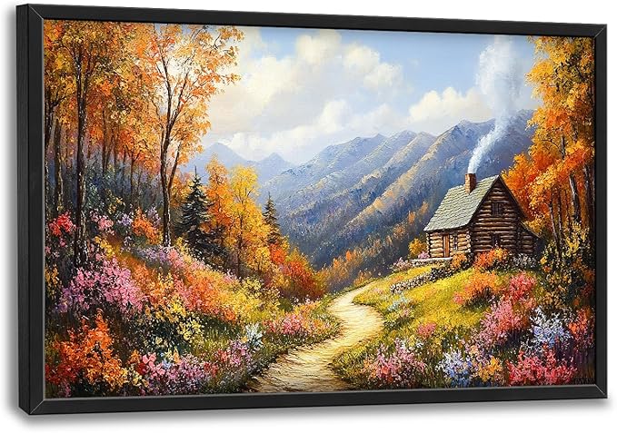 Framed Large Fall Mountain Wall Art for Living Room, Oversized Autumn Wildflower Wall Decor Nature Landscape Canvas Painting Modern Artwork for Living Room Bedroom 36"x24"