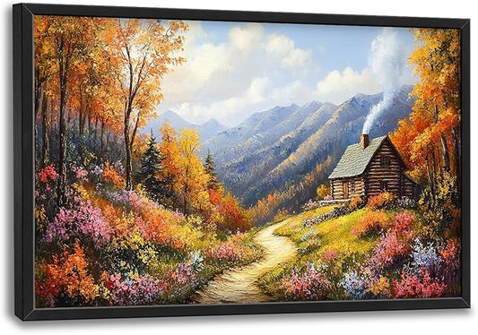 Framed Large Fall Mountain Wall Art for Living Room, Oversized Autumn Wildflower Wall Decor Nature Landscape Canvas Painting Modern Artwork for Living Room Bedroom 36"x24"