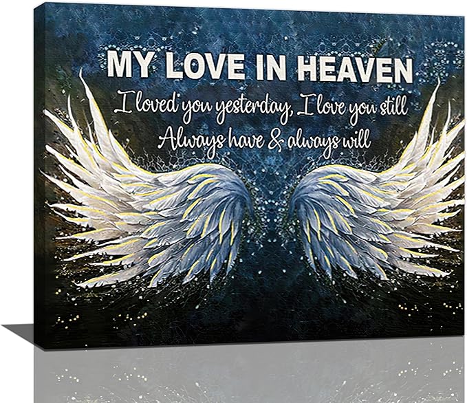 Fleruku Angel Wings Wall Art Memorial Motivational Wall Decor Wings My Love In Heaven Pictures Canvas Painting Artwork Home Decorations for Living Room Bedroom Bathroom Office 24"x20"