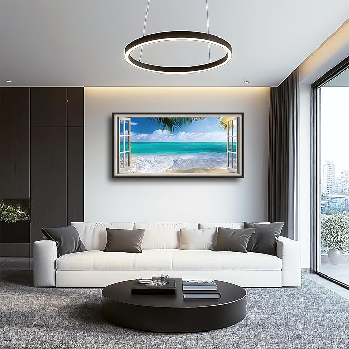Beach Wall Art Ocean Palm Pictures Wall Decor Window Coastal Large Canvas Prints Paintings Home Office Decorations Framed Artwork for Living Room 60"x30"