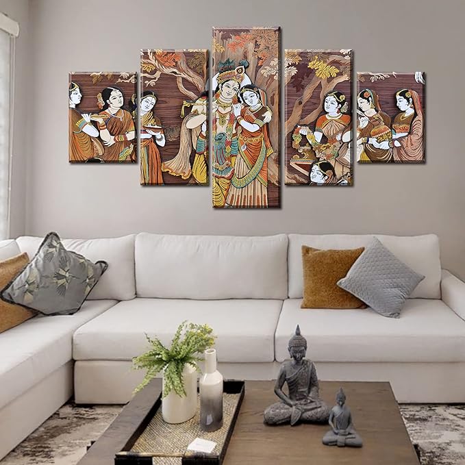 Radha Krishna Wall Decor for Living Room Watercolor Indian God Canvas Print 5 Piece Vintage Artwork Framed 60" Wx32 H