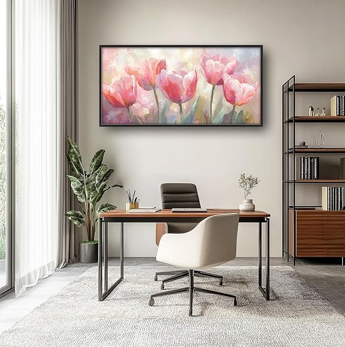 Kylora Tulip Wall Art Pink Tulips Pictures Wall Decor Pink Flowers Large Master Over Above Bed Canvas Prints Horizontal Modern Artwork Painting Home Office Decorations For Kitchen Bedroom 30"x60"