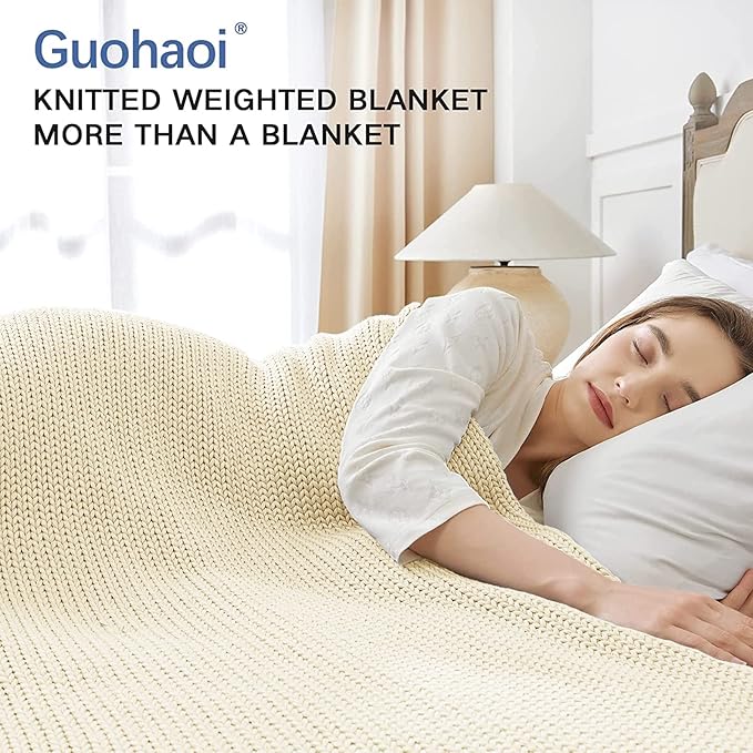 Guohaoi Knitted Weighted Blanket for Adults (Cream 60"x80" 17lbs) No Beads Cooling Throw Blanket for Hot Sleepers, Home Decor Breathable Chunky Knit Heavy Blanket Use on Queen/King Size Bed