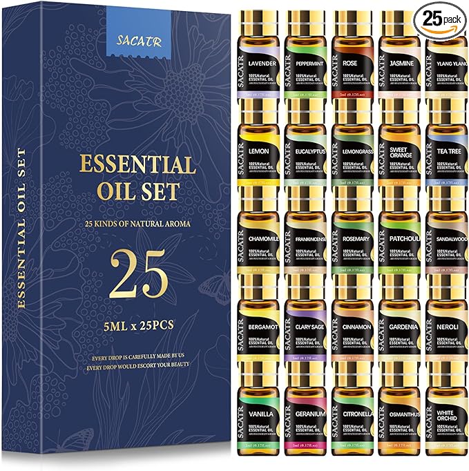 Essential Oil Set - Natural Essential Oils - Essential Oils Gift Set for Diffuser, Home Care, DIY Candle and Soap Making(25 * 5ML)