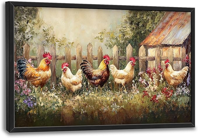 Farmhouse Roosters Canvas Wall Art Farm Chicken Pictures Wall Decor Country Prints Modern Artwork Rooster Painting Home Office Decorations For Kitchen Bathroom Bedroom Dining Living Room 36"x24"