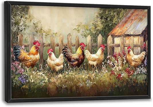 Farmhouse Roosters Canvas Wall Art Farm Chicken Pictures Wall Decor Country Prints Modern Artwork Rooster Painting Home Office Decorations For Kitchen Bathroom Bedroom Dining Living Room 36"x24"