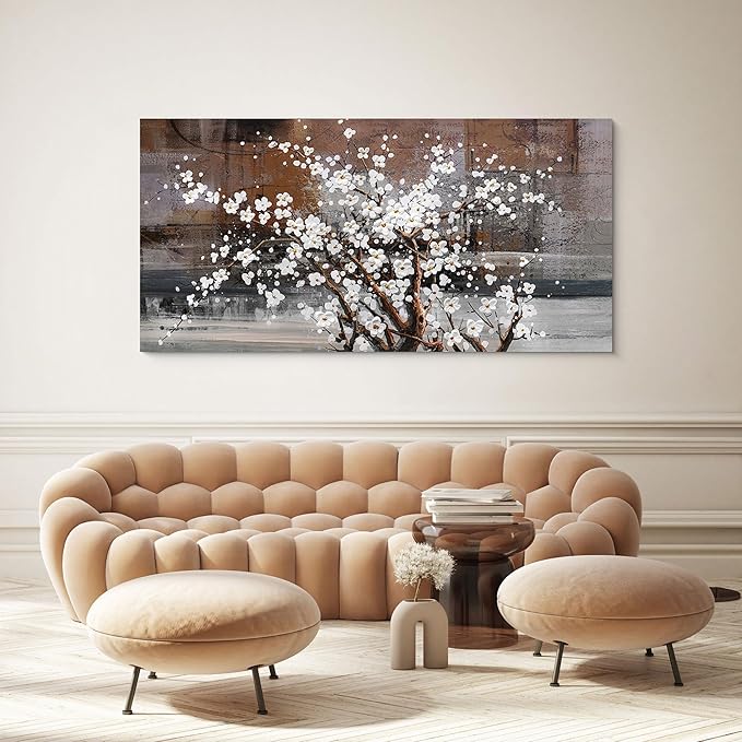 Wall Art for Living Room Large Modern Wall Decor Canvas Paintings for Wall Decorations White Flower Graffiti on Brown Background Bedroom Office Artwork Plum Blossom Art Prints Framed 24x48 inches